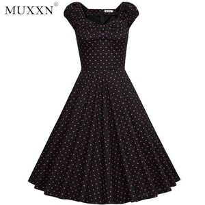 MUXXN Heart Print Swing Dress Women XL Black Red Rockabilly Retro Cap Sleeve